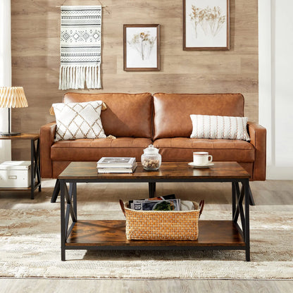 Industrial Farmhouse Coffee Table with X-Shape Steel Frame and Storage Shelf, 39.4"x21.7"x17.7", Rustic Brown/Black VASAGLE