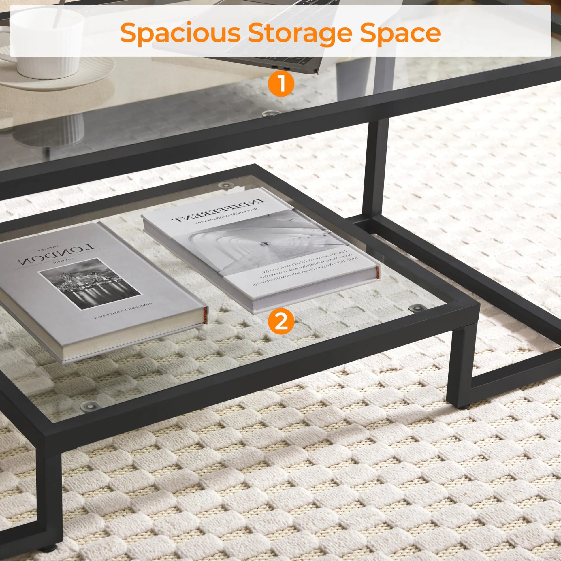 Yaheetech Coffee Table, Tempered Glass Coffee Table, Modern Simple Center Tables w/Geometric-Inspired Design & Metal-Frame & Easy Assembly & Open Storage Shelf for Living Room, Office, Black Yaheetech