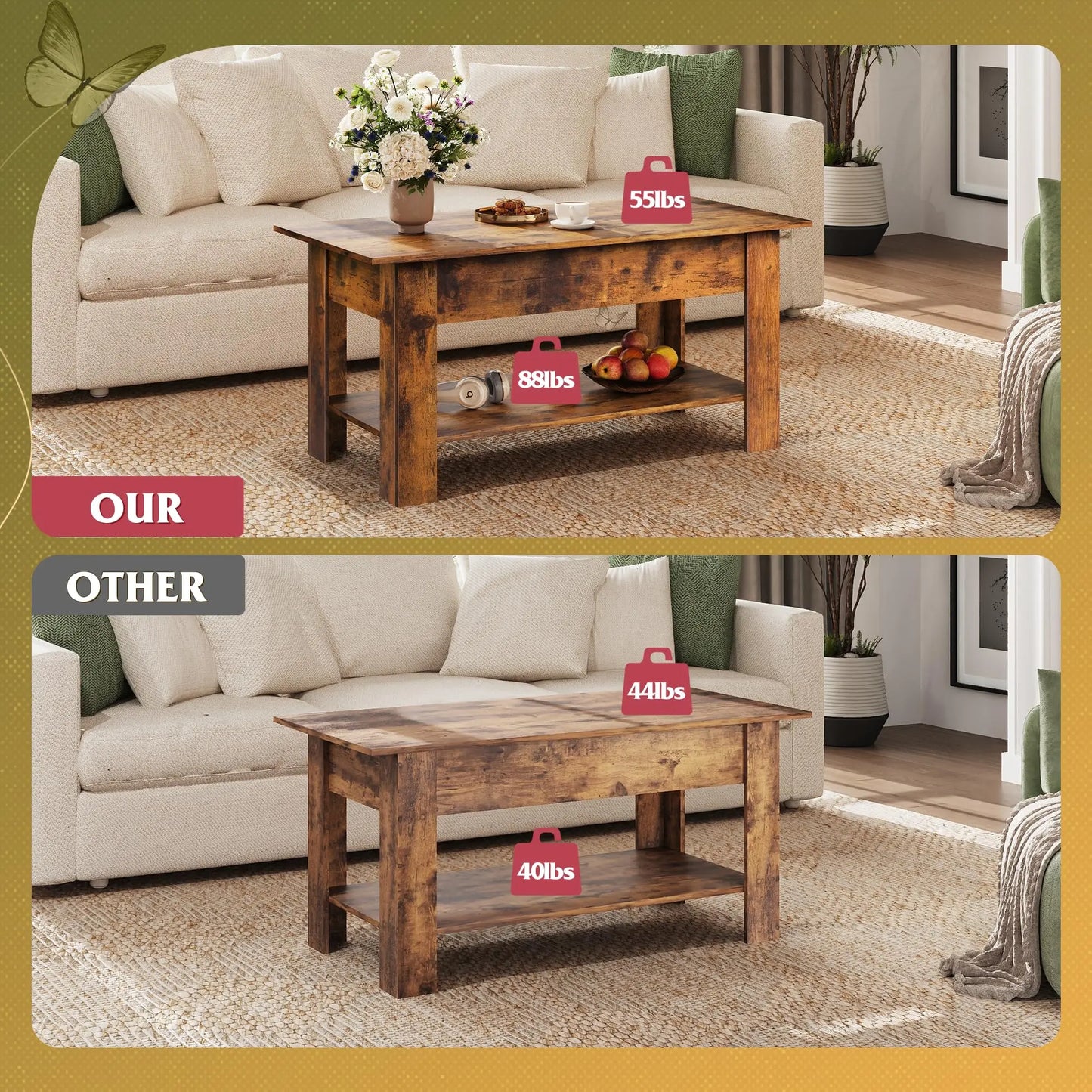 39" Lift Top Coffee Table with Hidden Compartment and Storage Shelf for Living Room or Office, Rustic Brown WLIVE