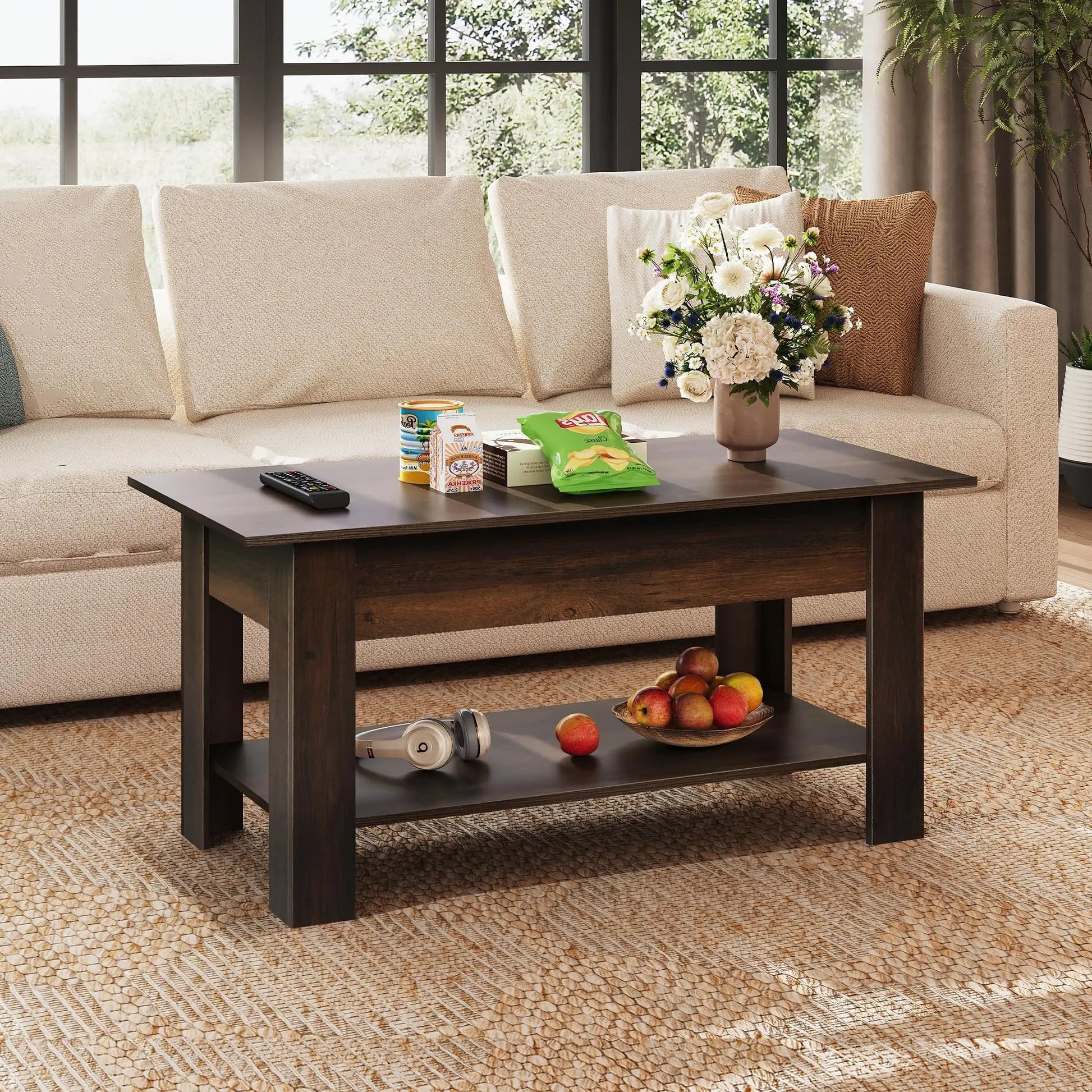 39" Lift Top Coffee Table with Hidden Compartment and Storage Shelf for Living Room or Office, Espresso WLIVE