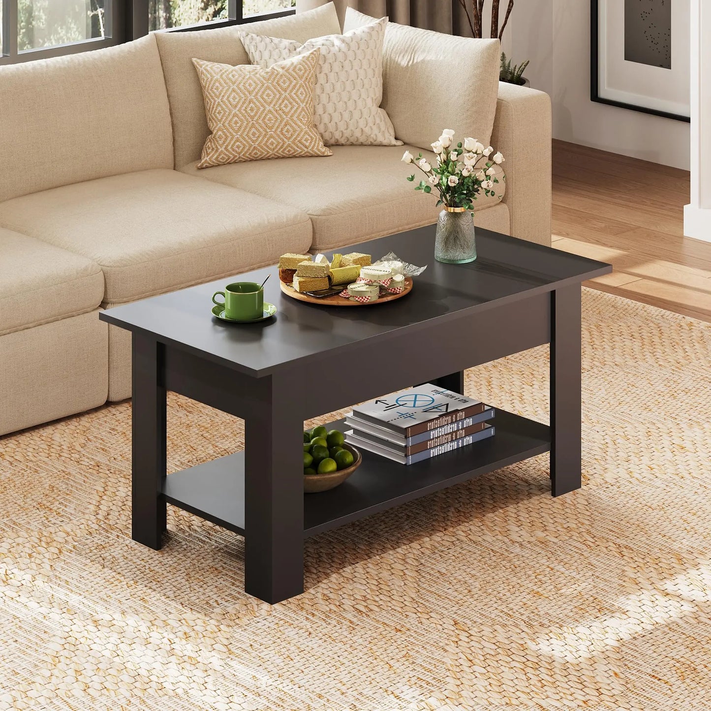 39" Lift Top Coffee Table with Hidden Compartment and Storage Shelf for Living Room or Office, Black WLIVE