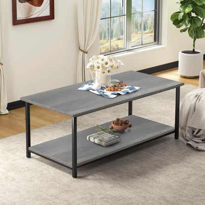 2-Tier Coffee Table with Storage Shelf, Grey Oak Wood and Metal Frame Rectangle Table for Living Room, 39.3"x20"x16" SENIG