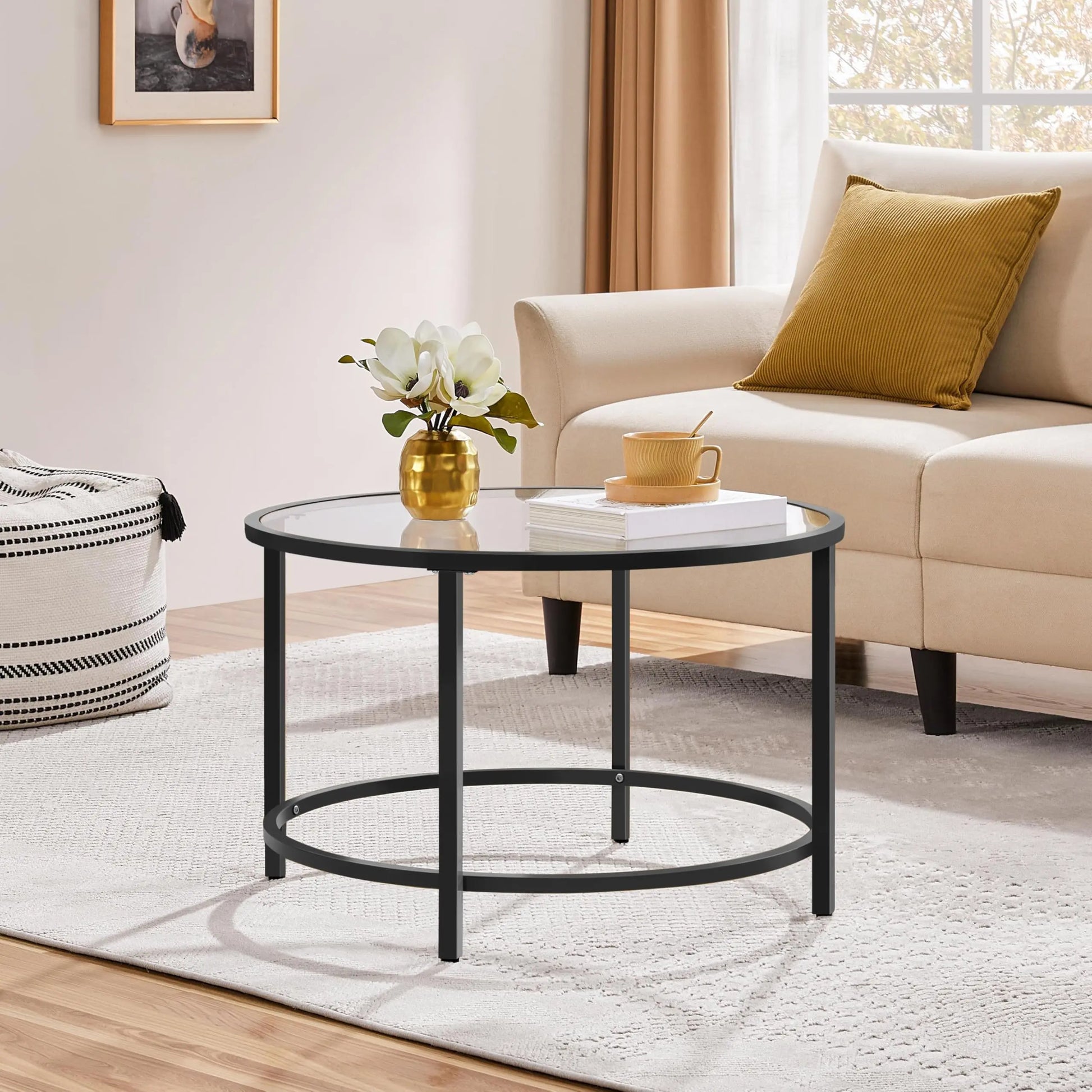 27.6" Round Glass Coffee Table with Black Metal Frame for Living Room, Office, or Apartment - Ruche Bee