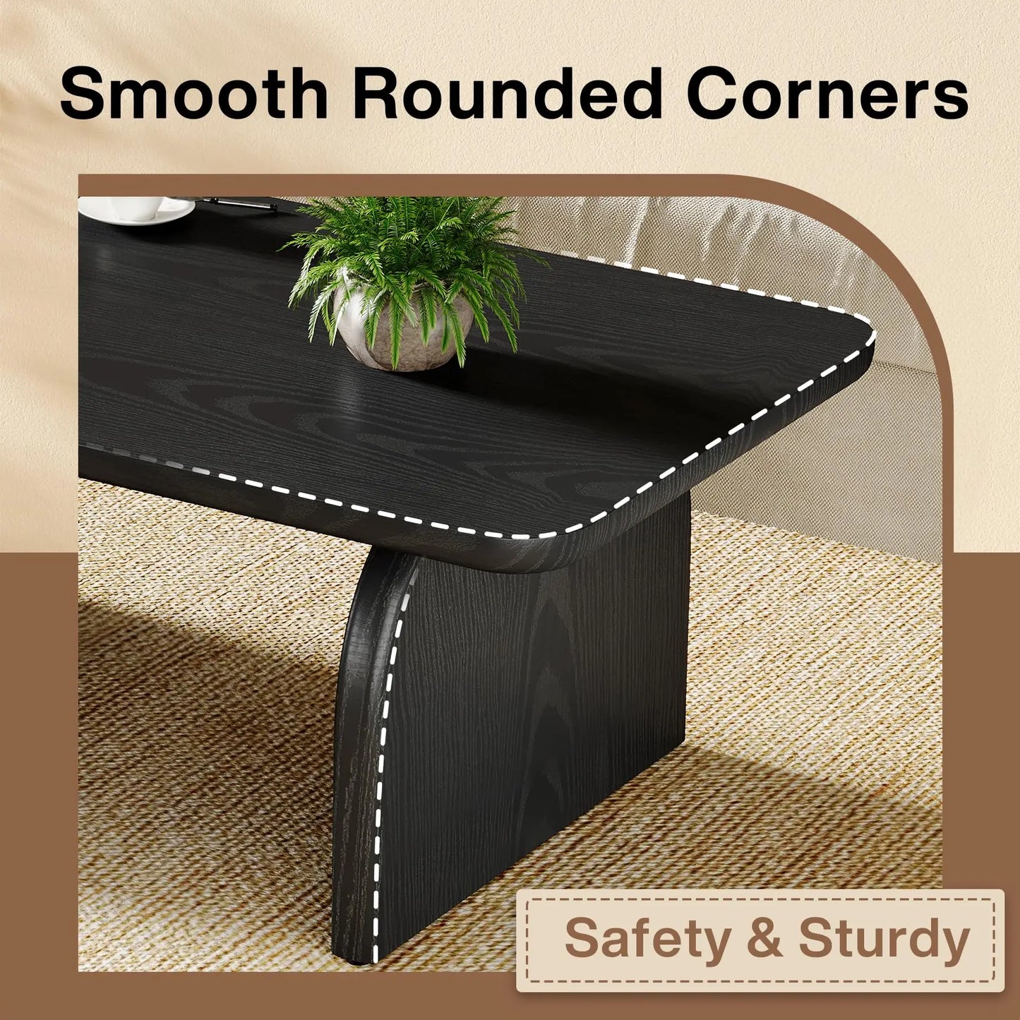 Rectangle Wood Coffee Table, 47-Inch Farmhouse Accent Center Table with Sturdy Base and Rounded Corners, Black Tribesigns