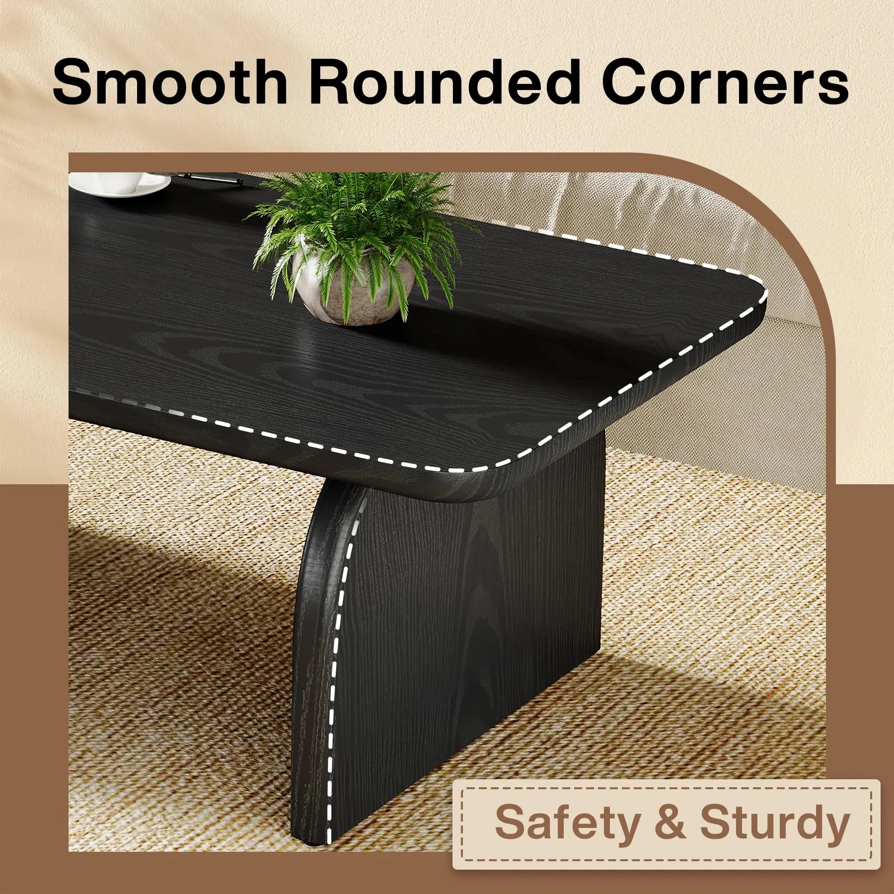 Rectangle Wood Coffee Table, 47-Inch Farmhouse Accent Center Table with Sturdy Base and Rounded Corners, Black Tribesigns