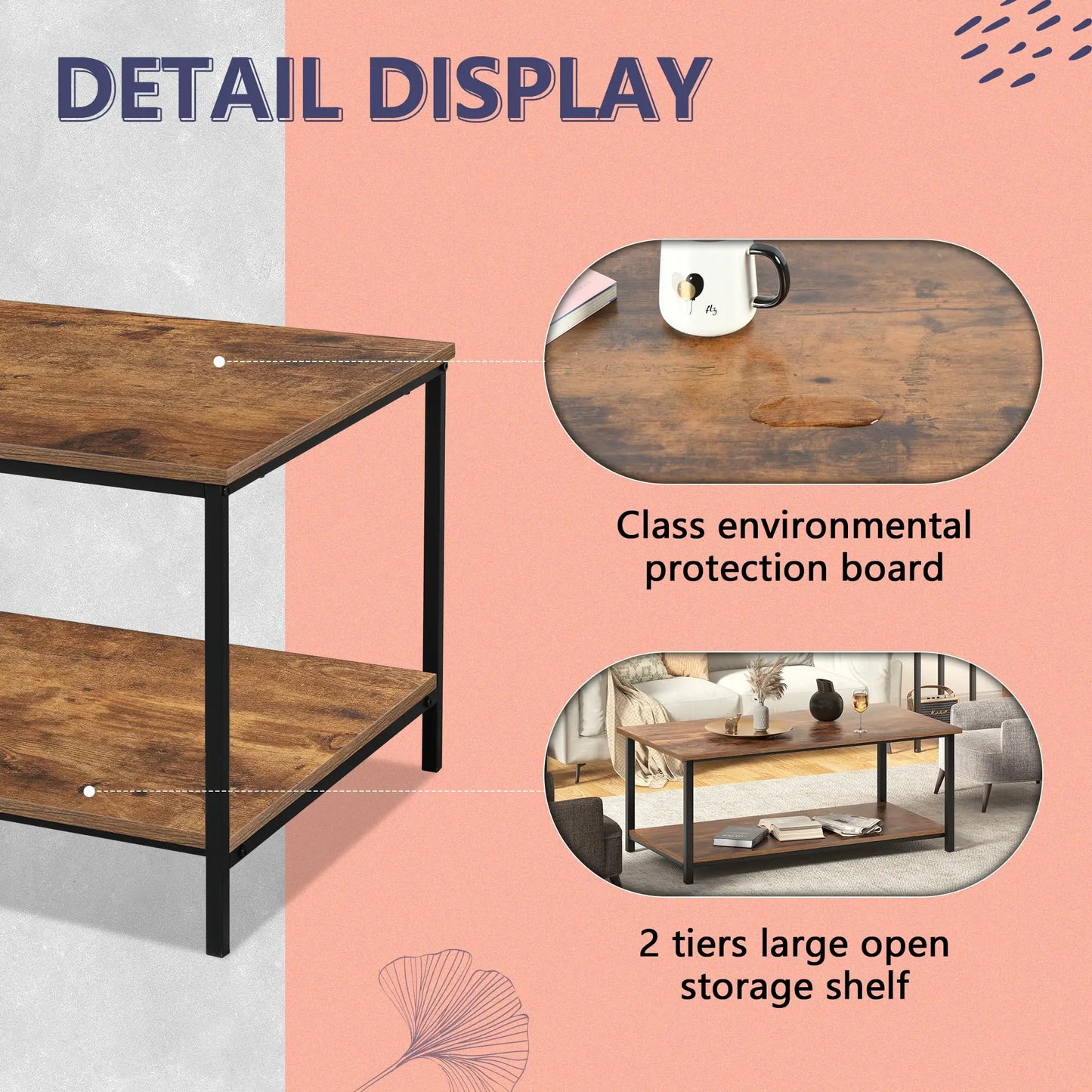 2-Tier Coffee Table with Storage Shelf, Brown Wood and Metal Frame Rectangle Table for Living Room, 39.3"x20"x16" SENIG