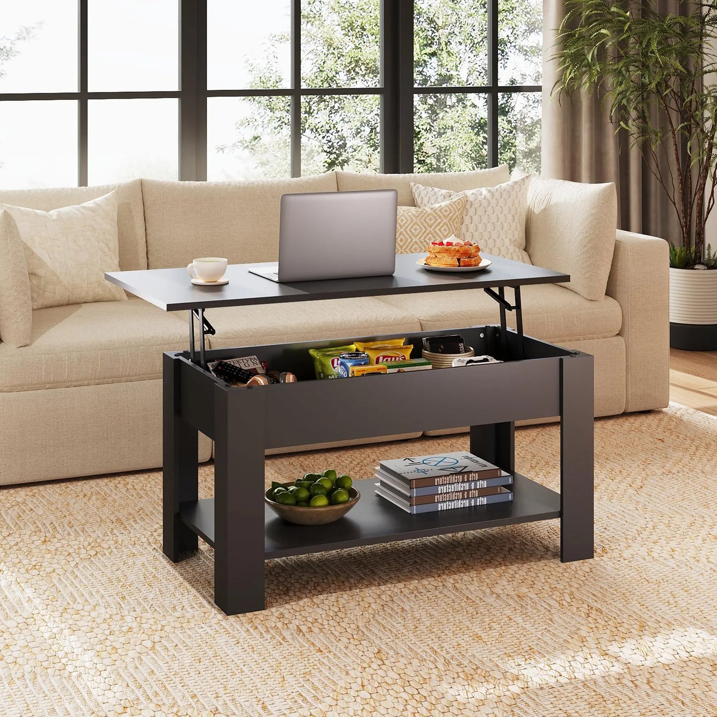 39" Lift Top Coffee Table with Hidden Compartment and Storage Shelf for Living Room or Office, Black WLIVE