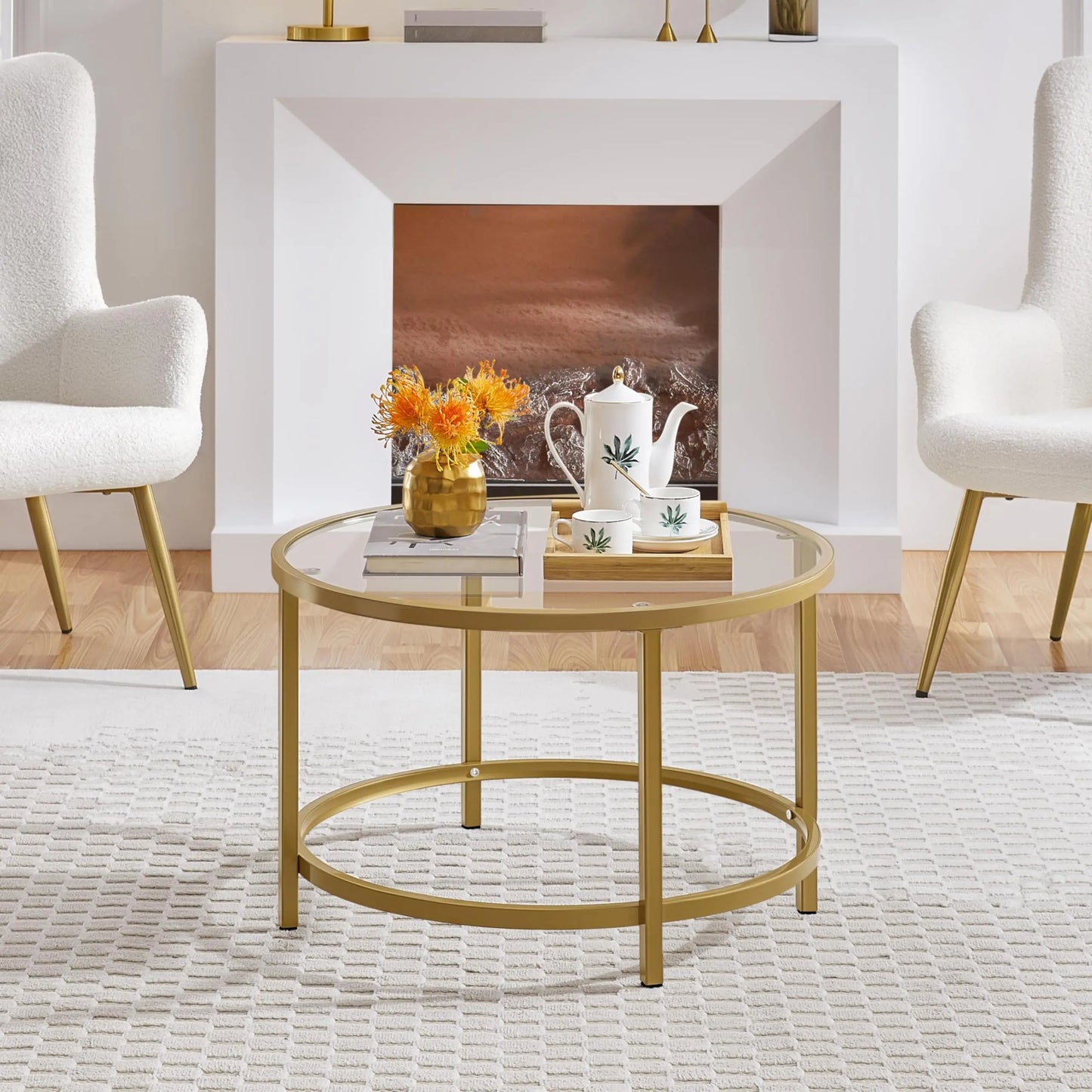 27.6" Round Glass Coffee Table with Gold Metal Frame for Living Room, Office, or Apartment - Ruche Bee