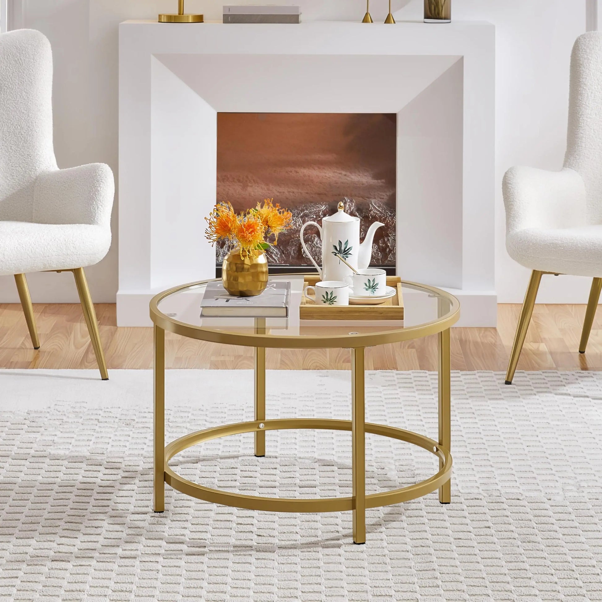 27.6" Round Glass Coffee Table with Gold Metal Frame for Living Room, Office, or Apartment - Ruche Bee
