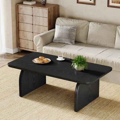 Rectangle Wood Coffee Table, 47-Inch Farmhouse Accent Center Table with Sturdy Base and Rounded Corners, Black Tribesigns