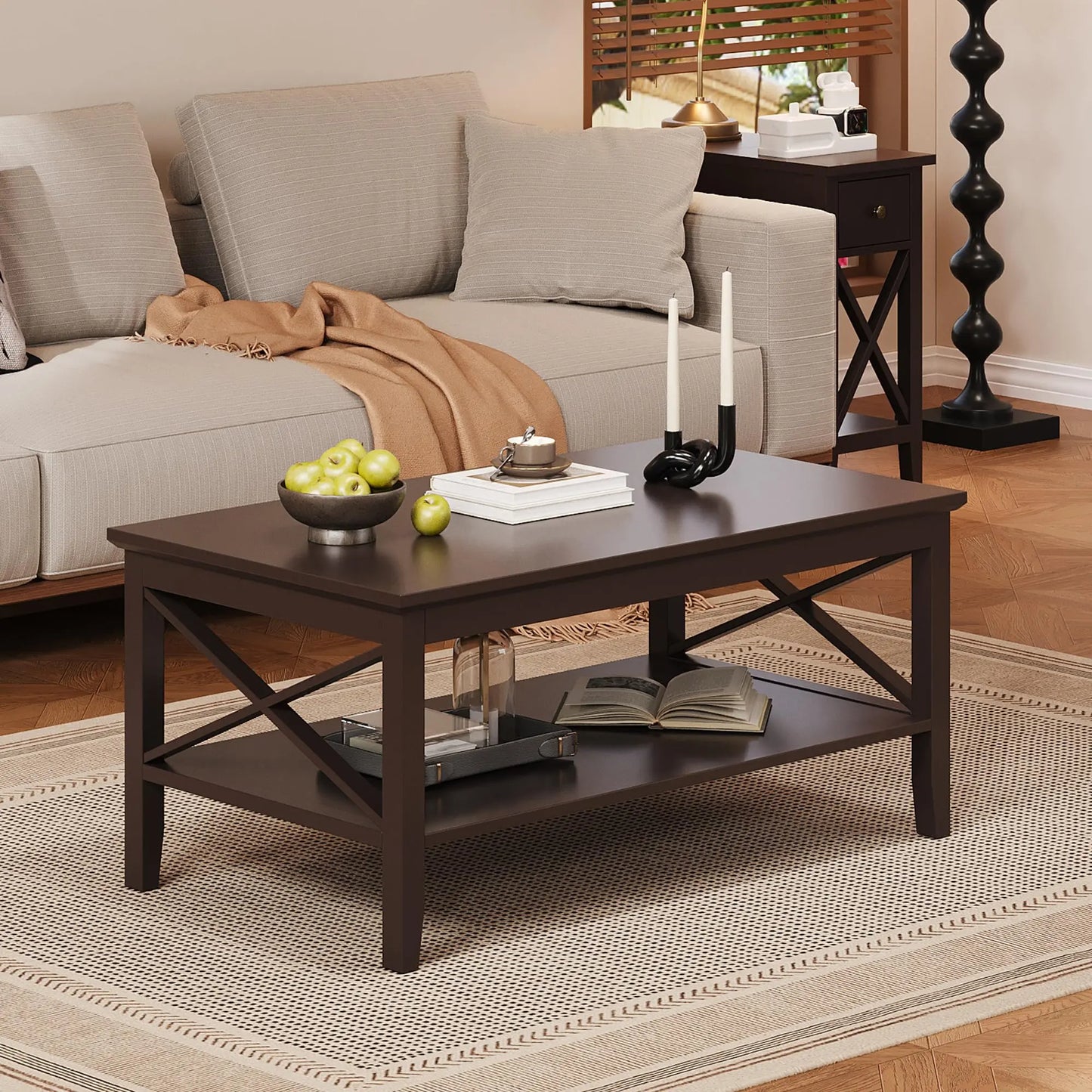 Espresso Wood Coffee Table with Thick Legs and Storage, 40 Inch Living Room Table ChooChoo