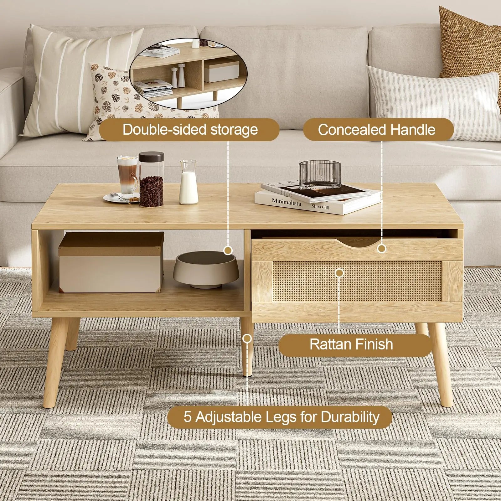 Boho Coffee Table with Rattan Drawer and Solid Wood Legs, Small Living Room Table with Storage, Oak ZttRiee