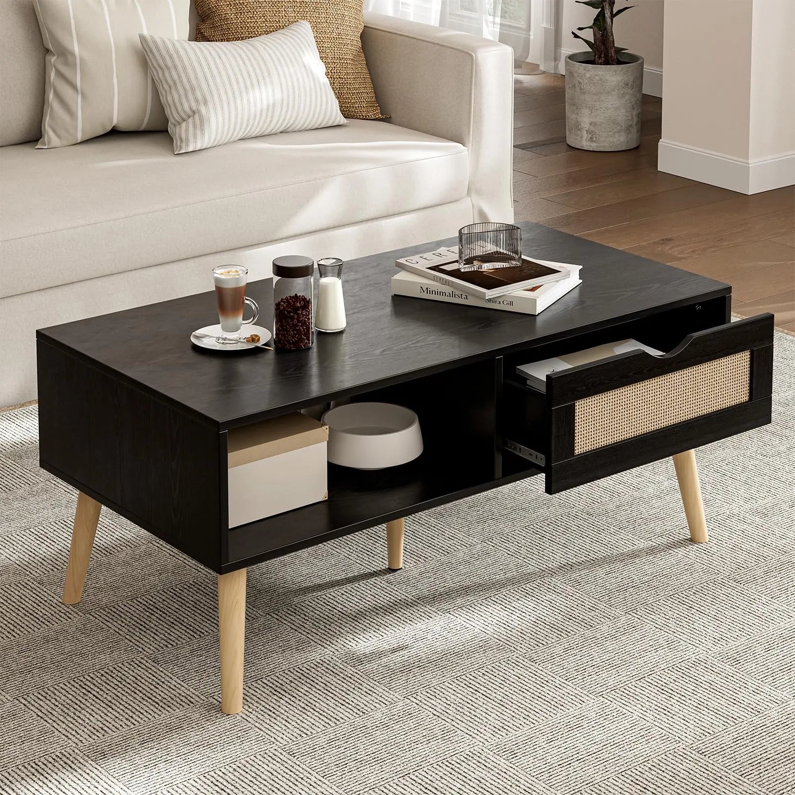 Boho Coffee Table with Sliding Rattan Door and Solid Wood Legs, Small Living Room Table with Storage, Black ZttRiee