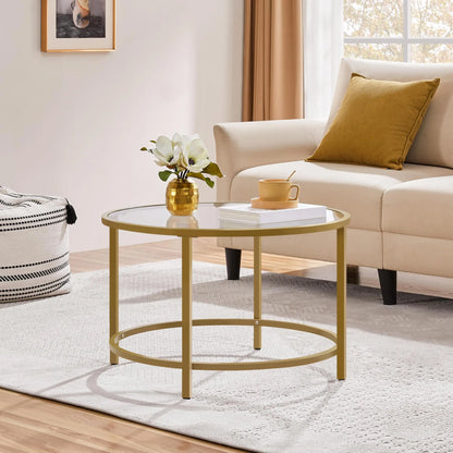 27.6" Round Glass Coffee Table with Gold Metal Frame for Living Room, Office, or Apartment - Ruche Bee