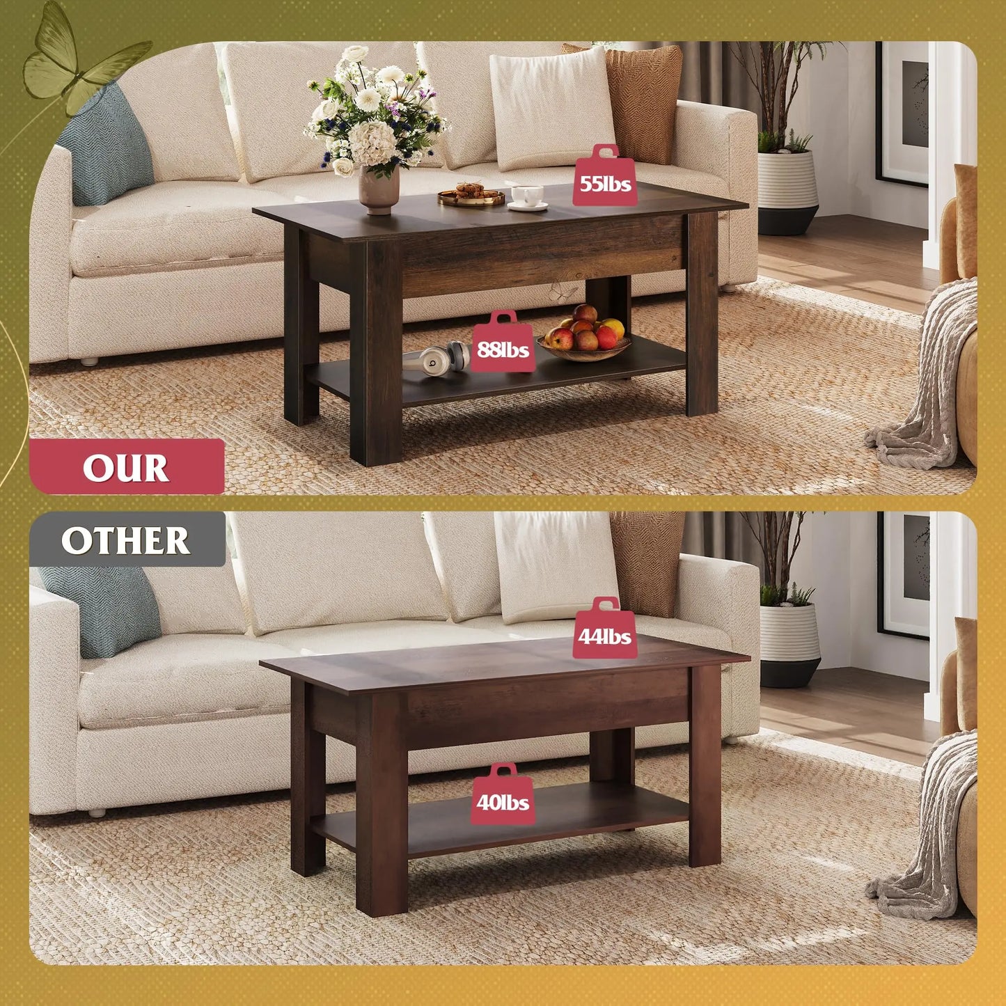 39" Lift Top Coffee Table with Hidden Compartment and Storage Shelf for Living Room or Office, Espresso WLIVE