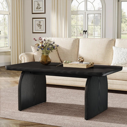 Rectangle Wood Coffee Table, 47-Inch Farmhouse Accent Center Table with Sturdy Base and Rounded Corners, Black Tribesigns