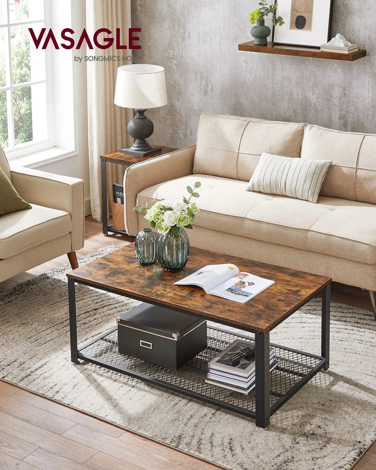 2-Tier Industrial Coffee Table with Mesh Shelf, Steel Frame, Adjustable Feet for Living Room, Rustic Brown/Black VASAGLE