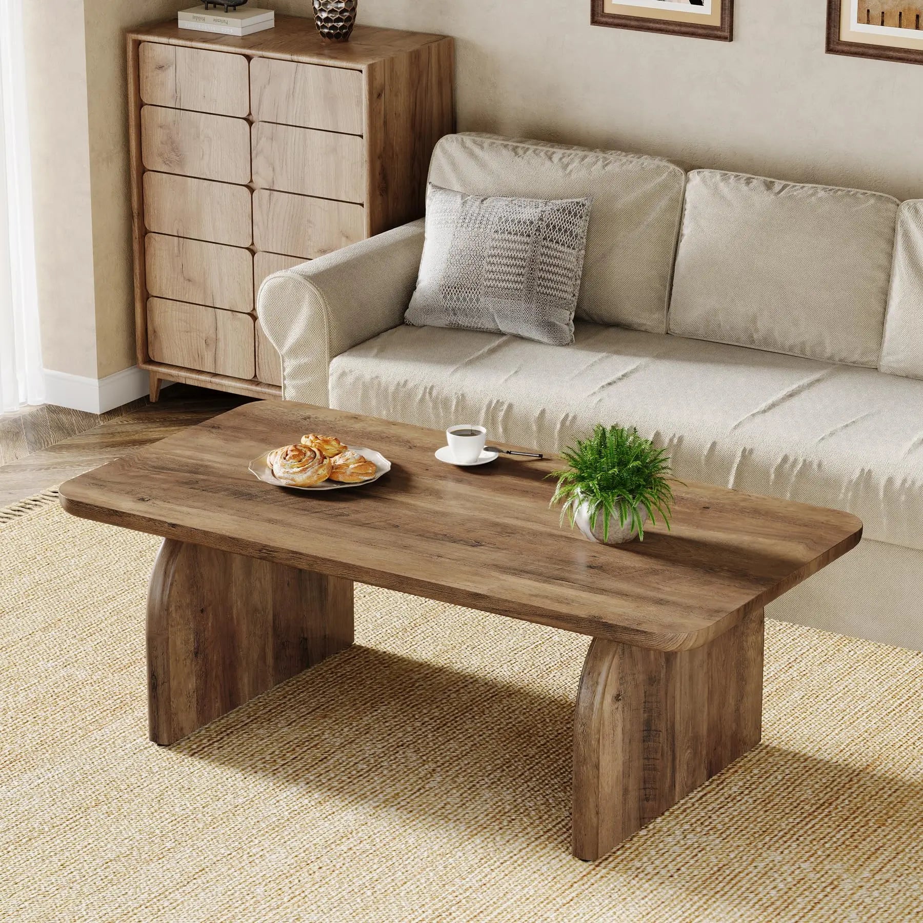 Rectangle Wood Coffee Table, 47-Inch Farmhouse Accent Center Table with Sturdy Base and Rounded Corners, Rustic Brown Tribesigns
