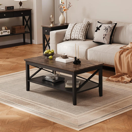 Black Wooden Coffee Table with Thick Legs and Storage for Living Room ChooChoo