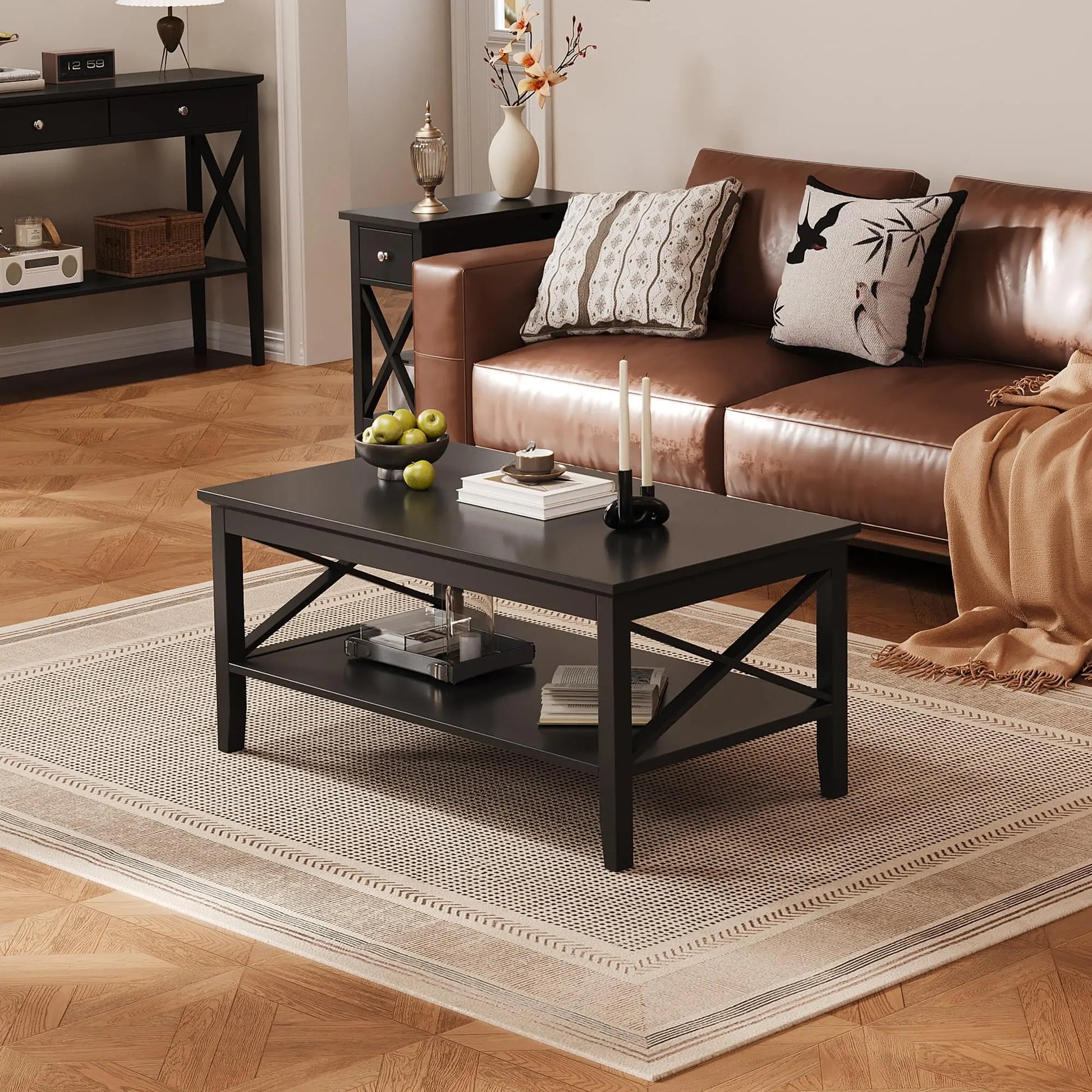 Black Wood Coffee Table with Thick Legs and Storage for Living Room ChooChoo
