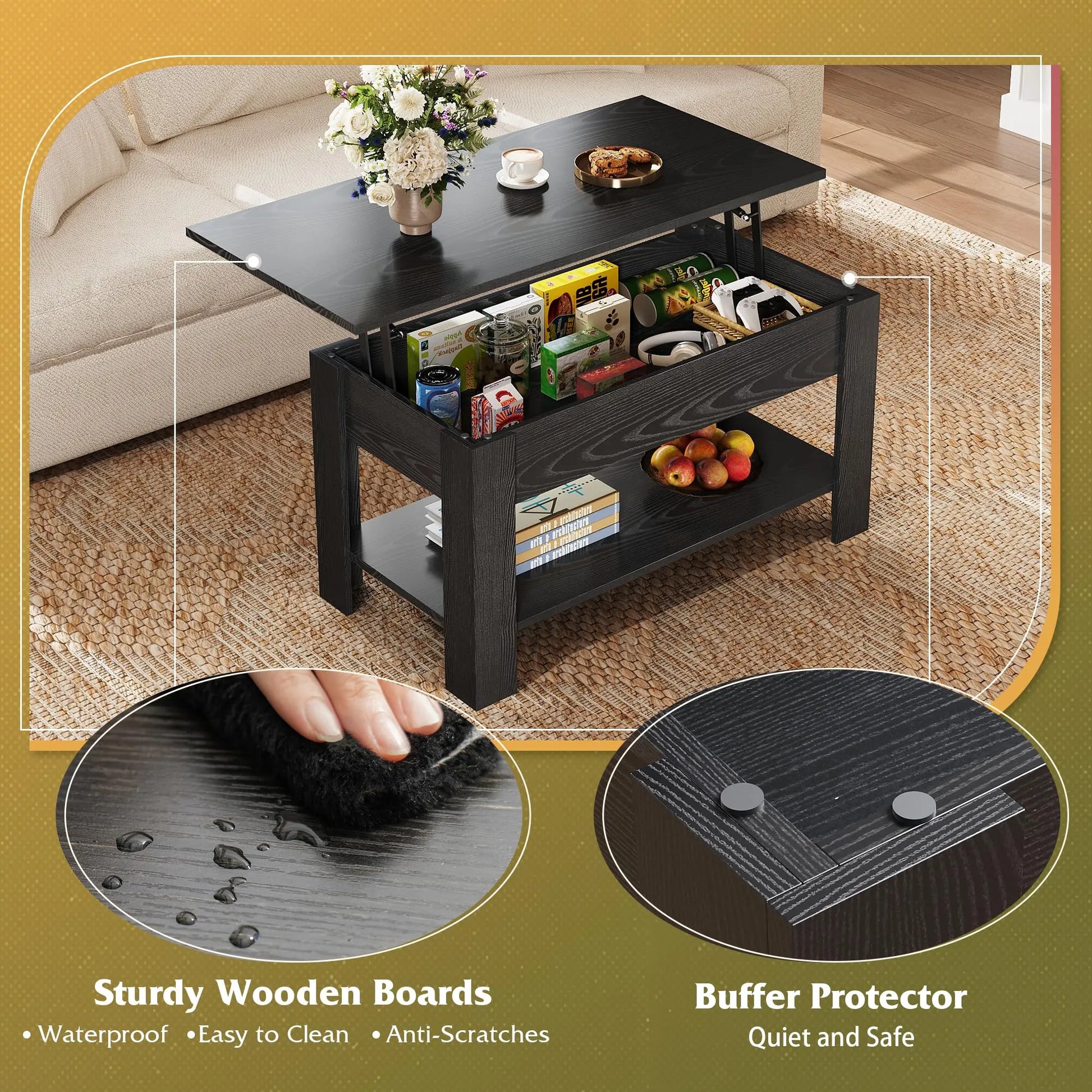 39" Lift Top Coffee Table with Hidden Compartment and Storage Shelf for Living Room or Office, Black Oak WLIVE