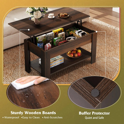 39" Lift Top Coffee Table with Hidden Compartment and Storage Shelf for Living Room or Office, Espresso WLIVE