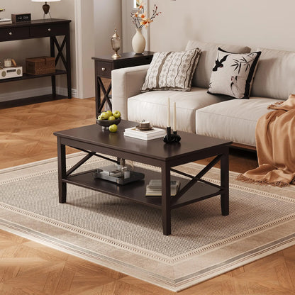 Espresso Wood Coffee Table with Thick Legs and Storage, 40 Inch Living Room Table ChooChoo