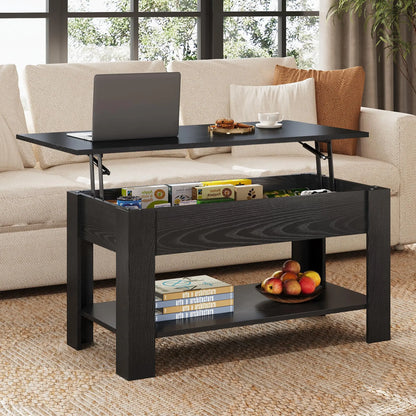 39" Lift Top Coffee Table with Hidden Compartment and Storage Shelf for Living Room or Office, Black Oak WLIVE