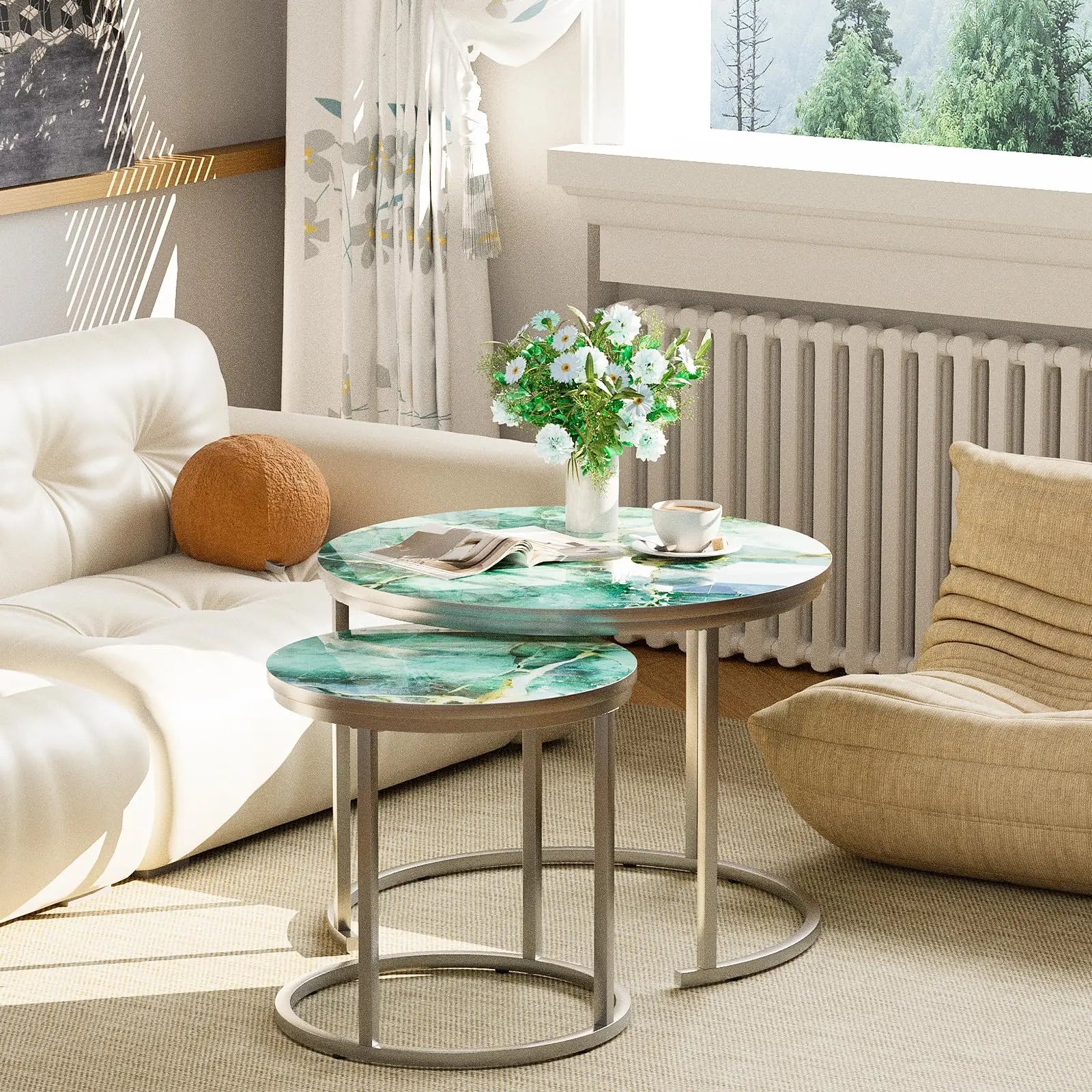 Nesting Coffee Table Set of 2, Round Green Art Top Tables with Sturdy Metal Frame for Living Room or Bedroom, Modern Industrial Style aboxoo
