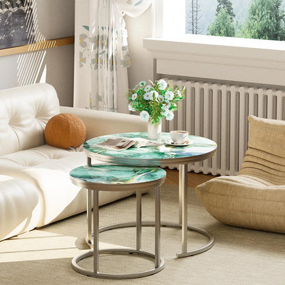 Nesting Coffee Table Set of 2, Round Green Art Top Tables with Sturdy Metal Frame for Living Room or Bedroom, Modern Industrial Style aboxoo