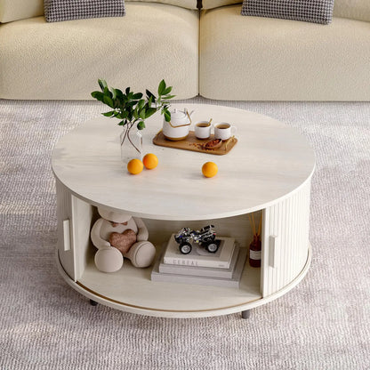 Round Coffee Table with Storage, 31.5" Modern Fluted Wood Table with 360° Sliding Door and Adjustable Footpads, Natural White ONBRILL