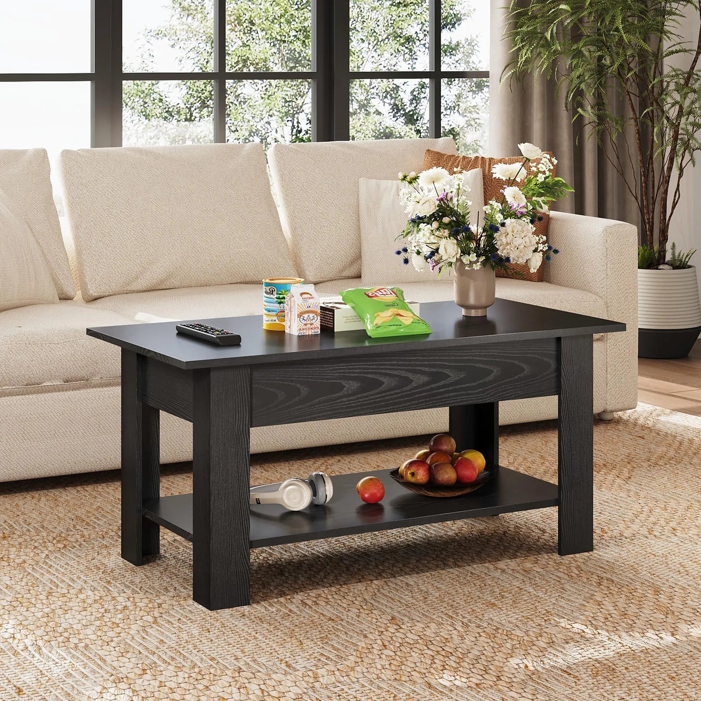 39" Lift Top Coffee Table with Hidden Compartment and Storage Shelf for Living Room or Office, Black Oak WLIVE