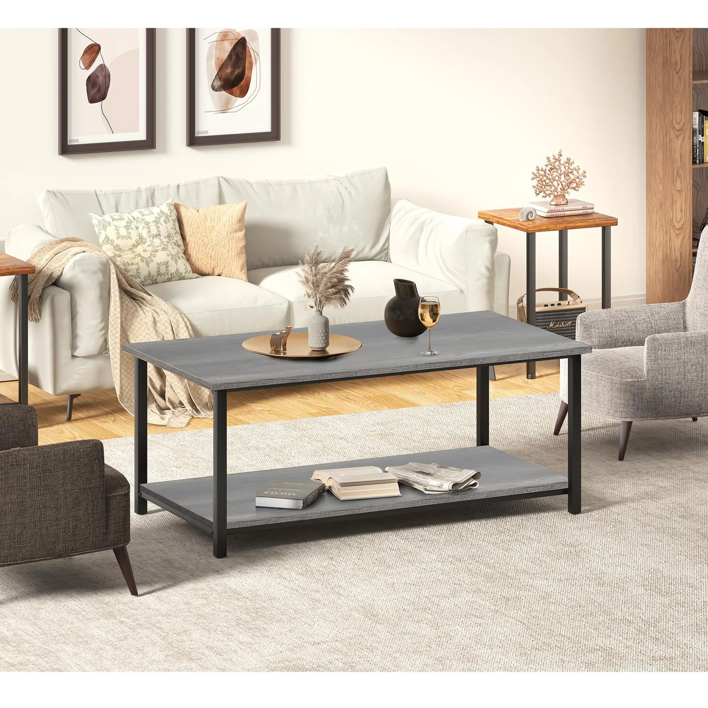 2-Tier Coffee Table with Storage Shelf, Grey Oak Wood and Metal Frame Rectangle Table for Living Room, 39.3"x20"x16" SENIG