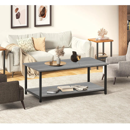 2-Tier Coffee Table with Storage Shelf, Grey Oak Wood and Metal Frame Rectangle Table for Living Room, 39.3"x20"x16" SENIG