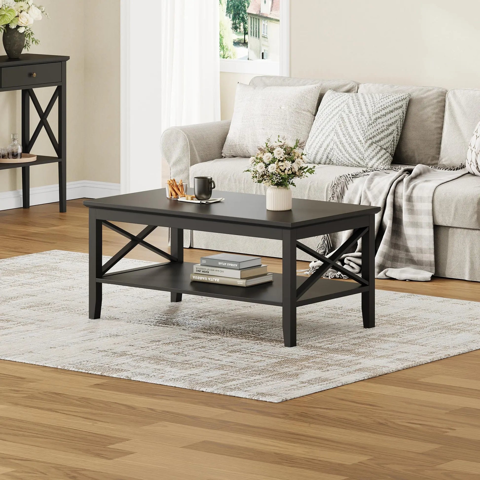 Black Wood Coffee Table with Thick Legs and Storage for Living Room ChooChoo