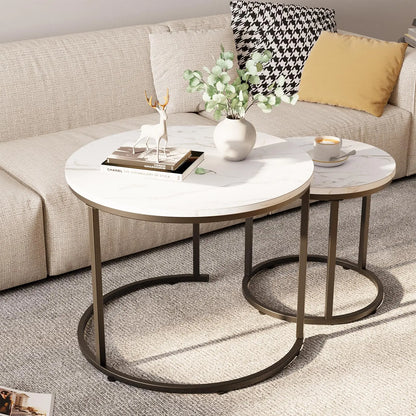 Round Nesting Coffee Table Set of 2, White Faux Marble Wooden Tables with Black Steel Frame for Living Room or Bedroom aboxoo