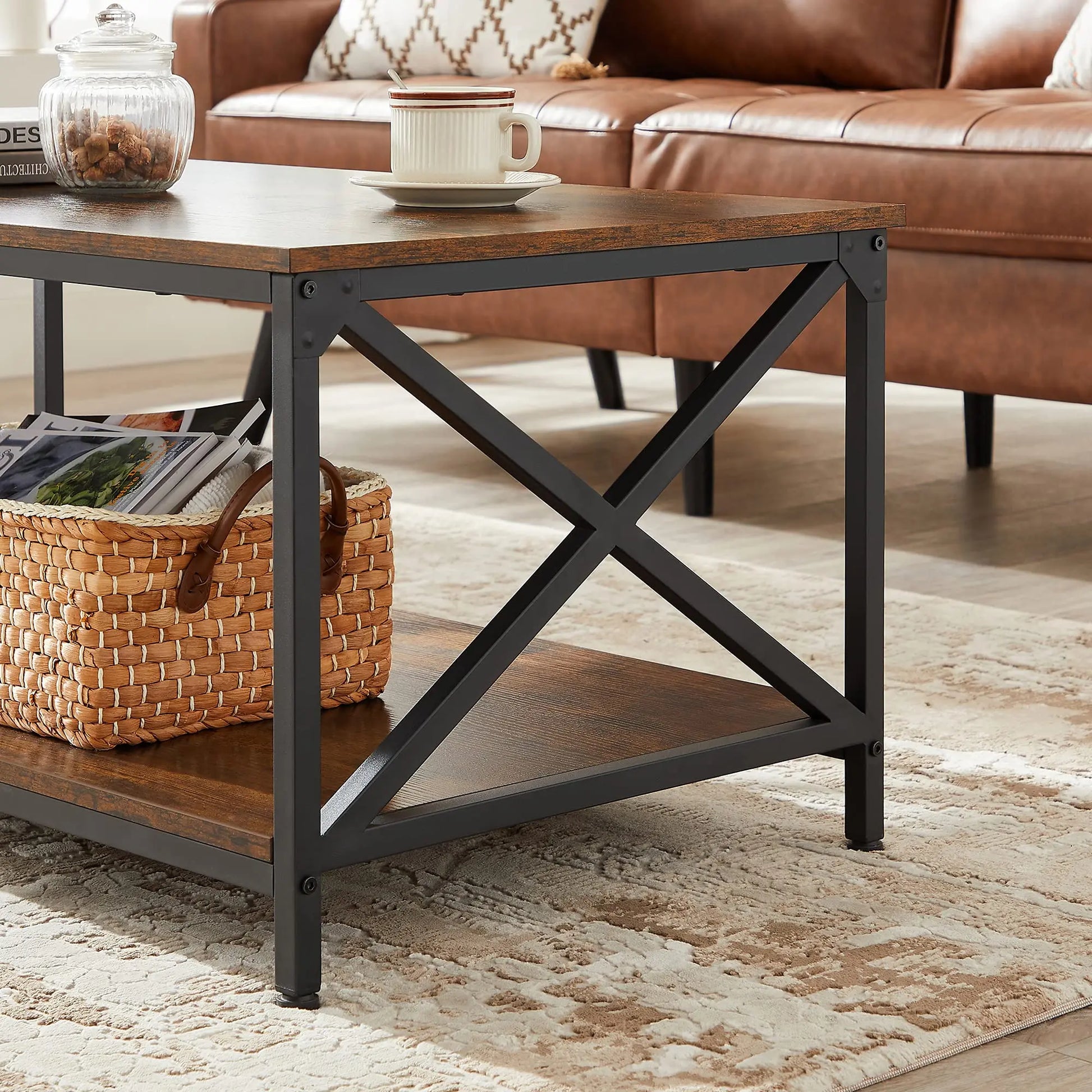 Industrial Farmhouse Coffee Table with X-Shape Steel Frame and Storage Shelf, 39.4"x21.7"x17.7", Rustic Brown/Black VASAGLE