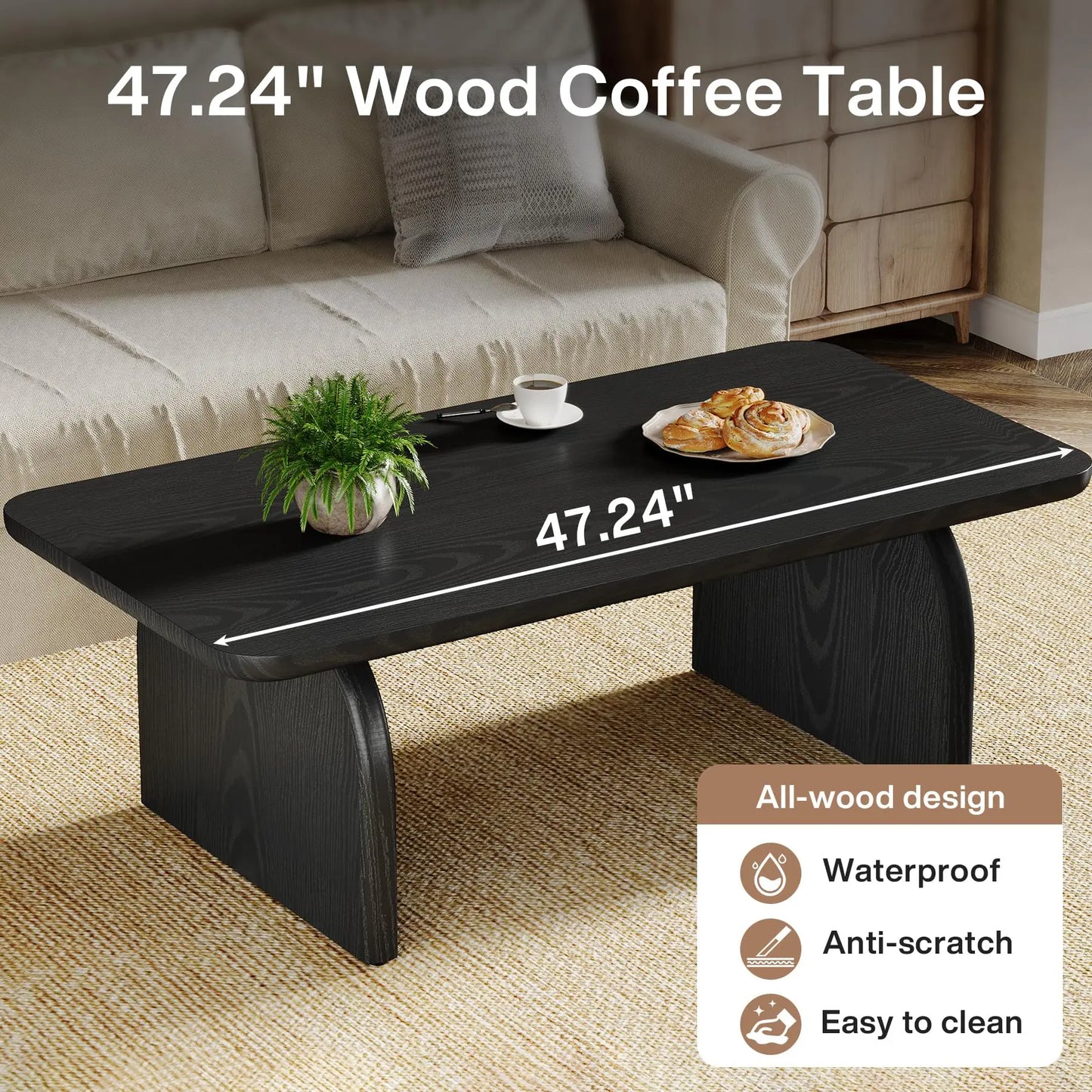 Rectangle Wood Coffee Table, 47-Inch Farmhouse Accent Center Table with Sturdy Base and Rounded Corners, Black Tribesigns