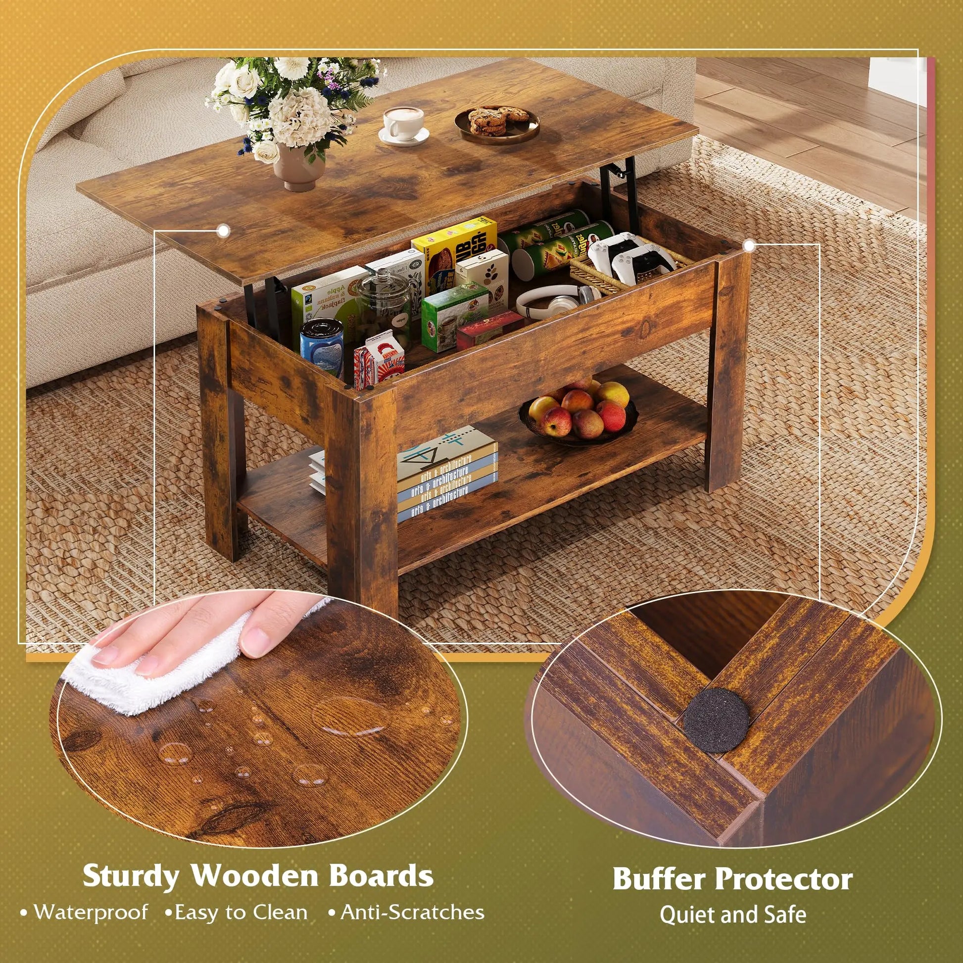 39" Lift Top Coffee Table with Hidden Compartment and Storage Shelf for Living Room or Office, Rustic Brown WLIVE