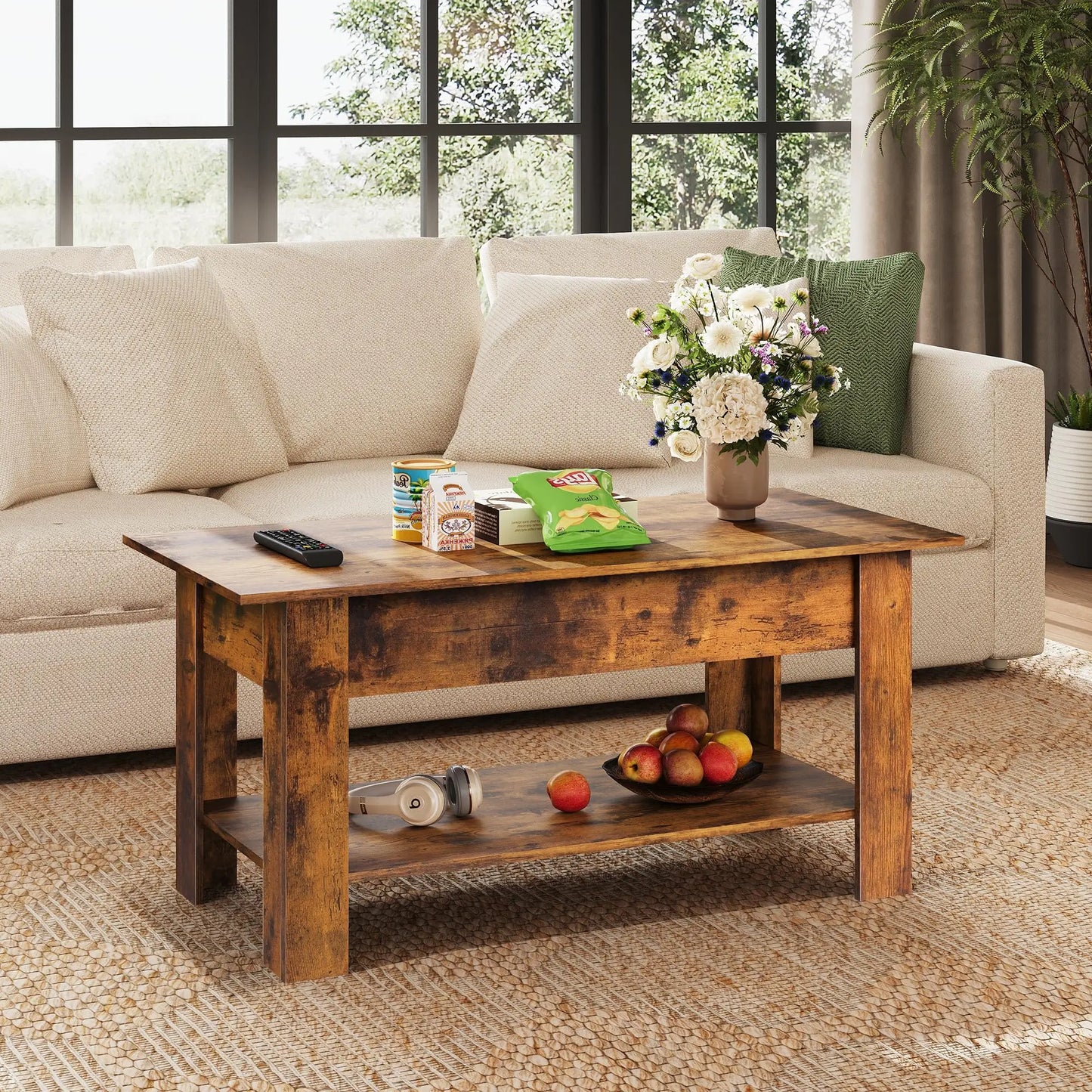 39" Lift Top Coffee Table with Hidden Compartment and Storage Shelf for Living Room or Office, Rustic Brown WLIVE
