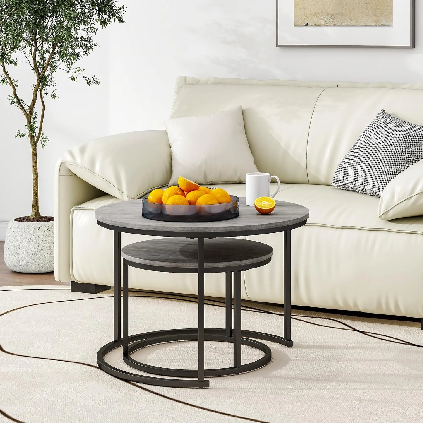 Nesting Round Coffee Table Set of 2, Wooden Accent Tables with Metal Frame for Living Room, Stacking Side Tables, Black/Warm Grey HOJINLINERO