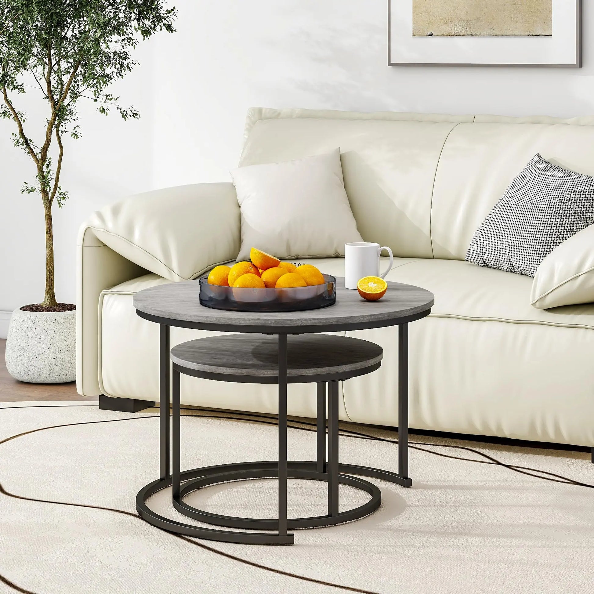 Nesting Round Coffee Table Set of 2, Wooden Accent Tables with Metal Frame for Living Room, Stacking Side Tables, Black/Warm Grey HOJINLINERO