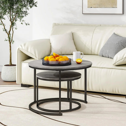 Nesting Round Coffee Table Set of 2, Wooden Accent Tables with Metal Frame for Living Room, Stacking Side Tables, Black/Warm Grey HOJINLINERO