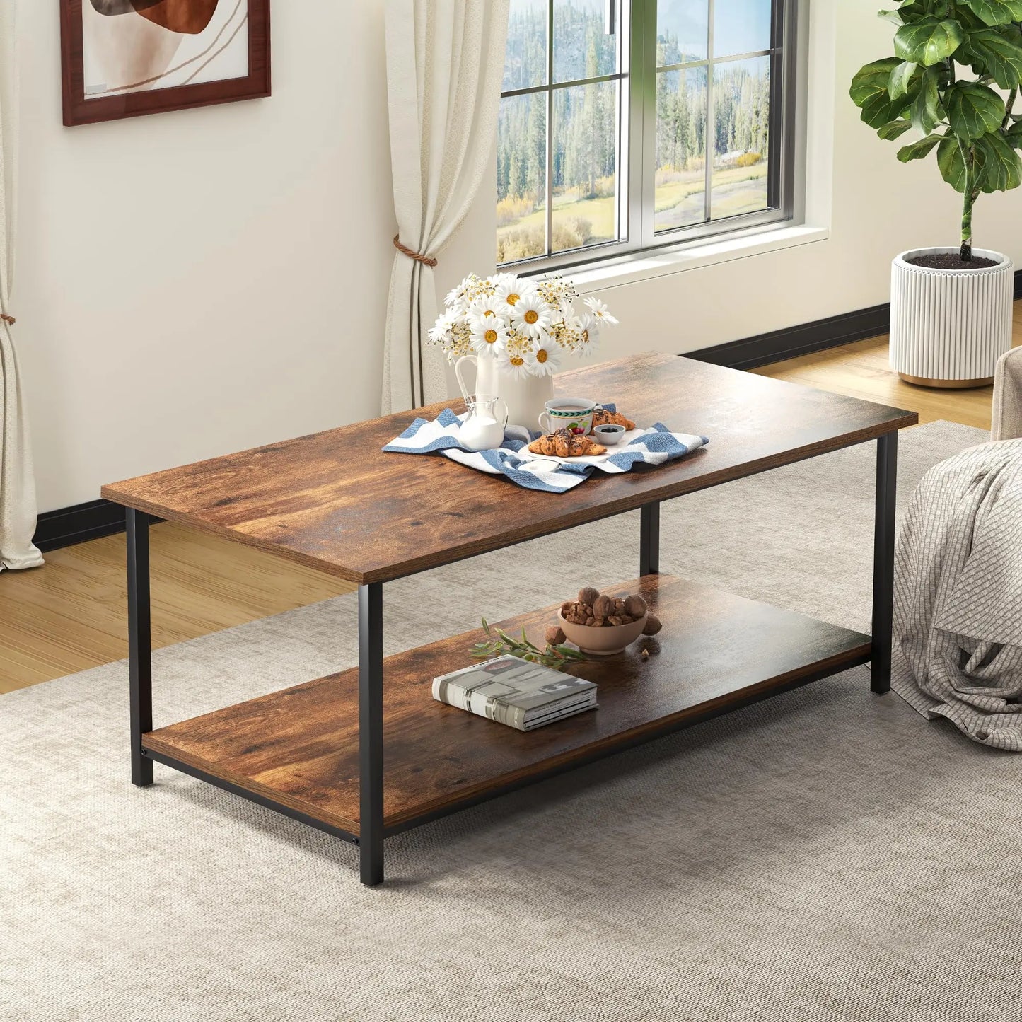 2-Tier Coffee Table with Storage Shelf, Brown Wood and Metal Frame Rectangle Table for Living Room, 39.3"x20"x16" SENIG