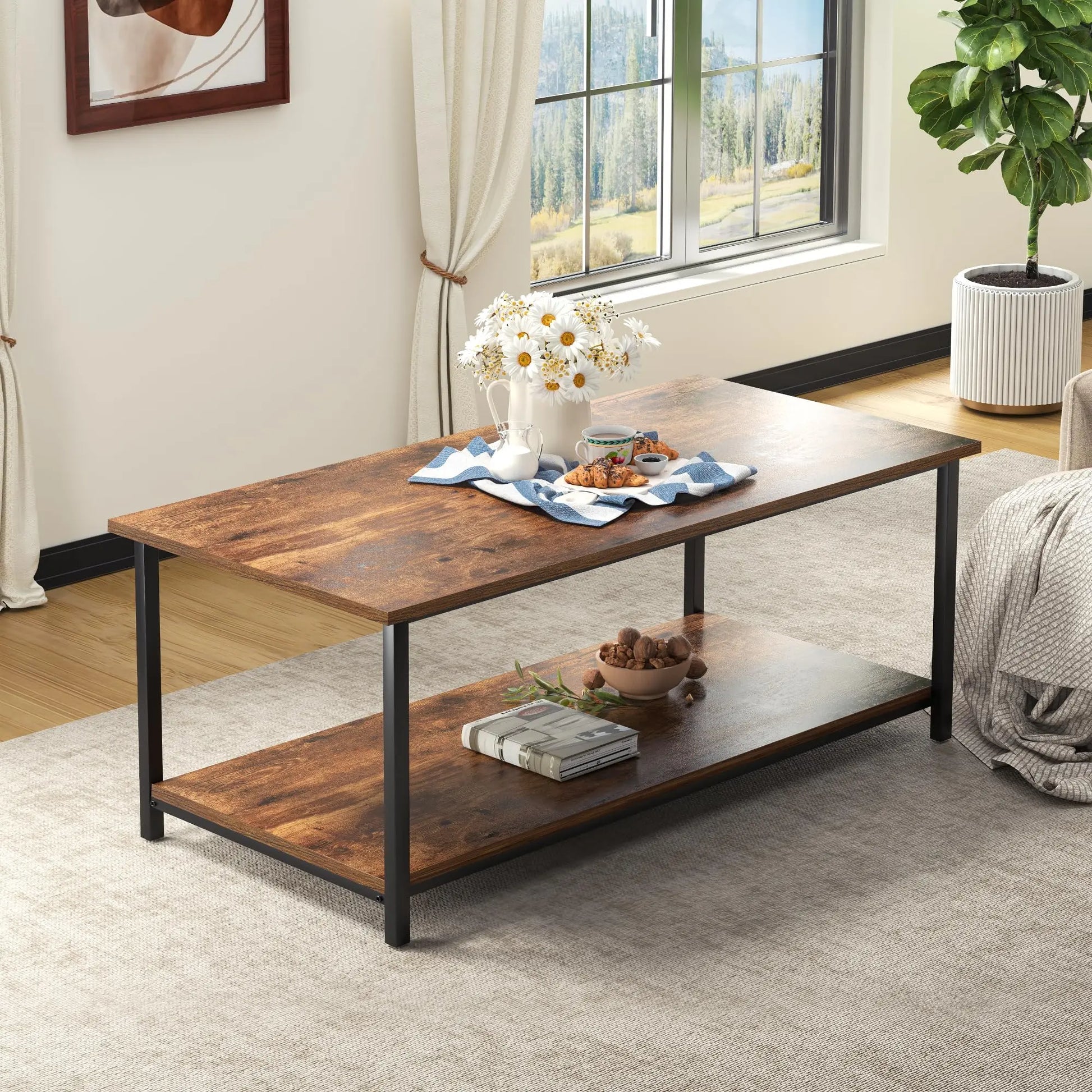 2-Tier Coffee Table with Storage Shelf, Brown Wood and Metal Frame Rectangle Table for Living Room, 39.3"x20"x16" SENIG