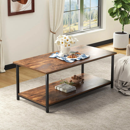 2-Tier Coffee Table with Storage Shelf, Brown Wood and Metal Frame Rectangle Table for Living Room, 39.3"x20"x16" SENIG