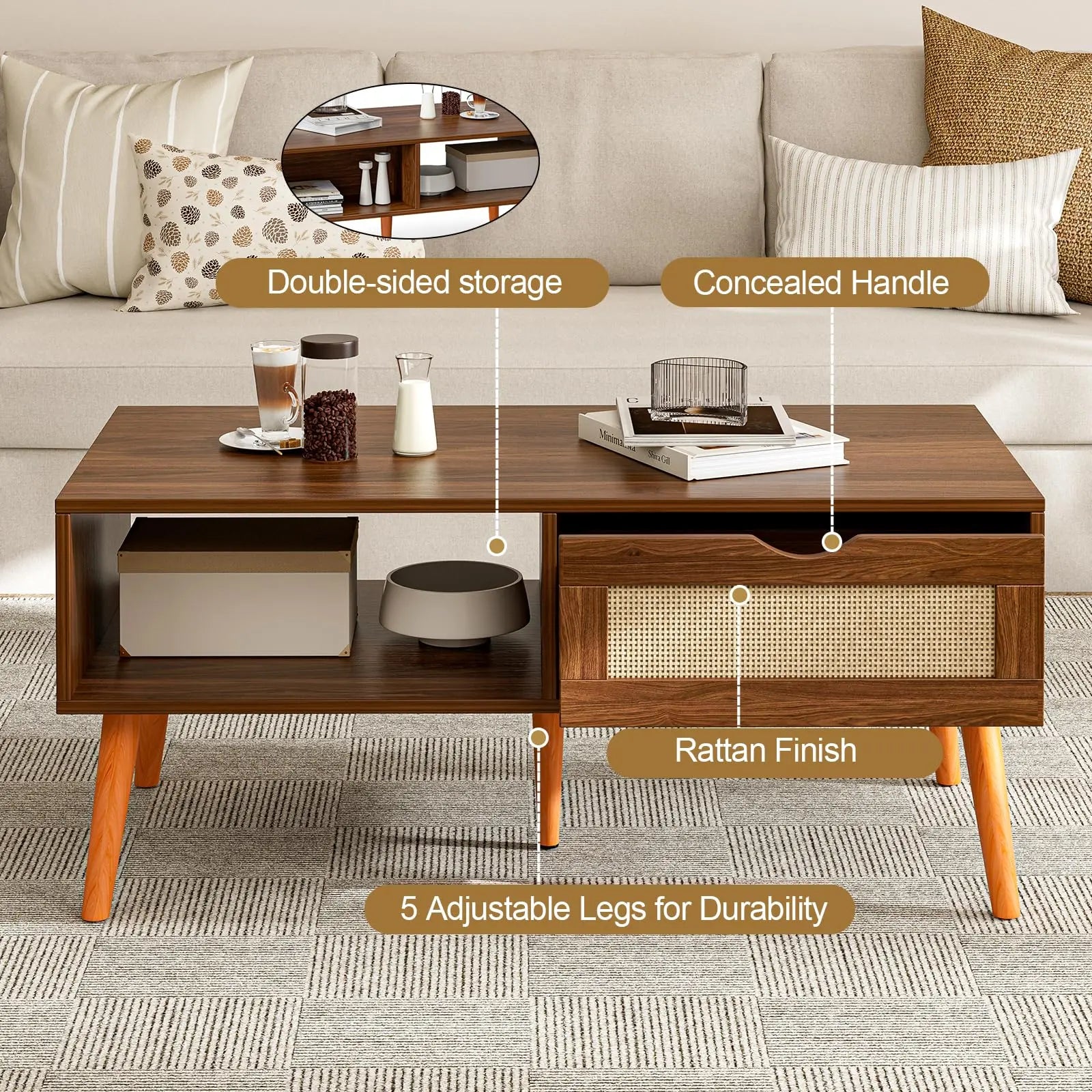 Boho Coffee Table with Rattan Drawer and Solid Wood Legs, Small Living Room Table with Storage, Walnut ZttRiee