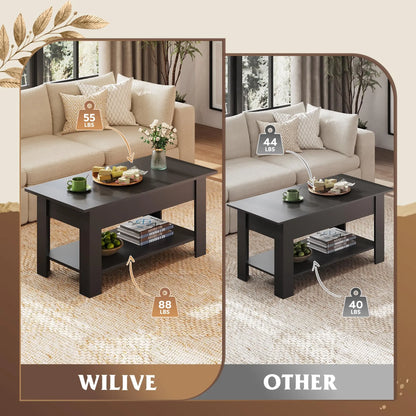 39" Lift Top Coffee Table with Hidden Compartment and Storage Shelf for Living Room or Office, Black WLIVE